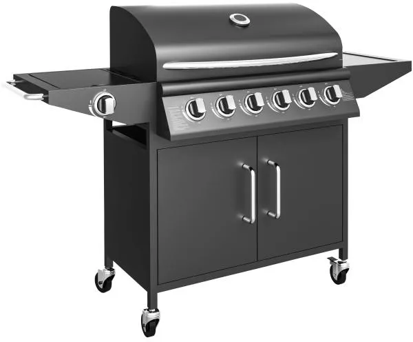 Kaasugrilli, jossa on 6 poltinta ja keittotaso