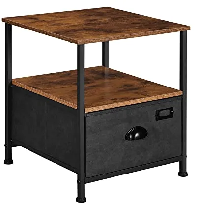 SONGMICS yöpöytä, jossa on 2 hyllyä ja 1 laatikko - rustiikkinen ruskea MDF ja musta keinomokka/metalli (41x41)